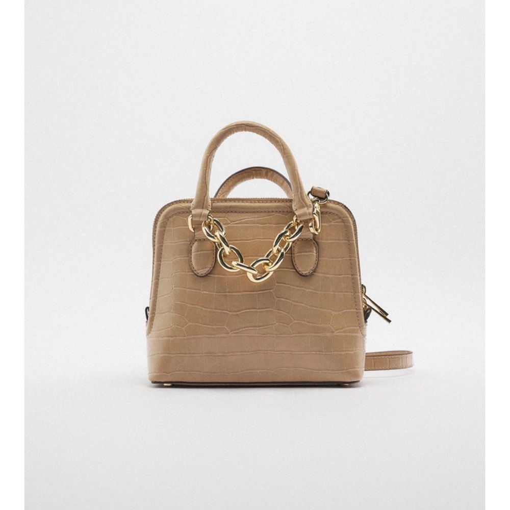 Zara Tan Croc-Embossed Bag with Gold Chain